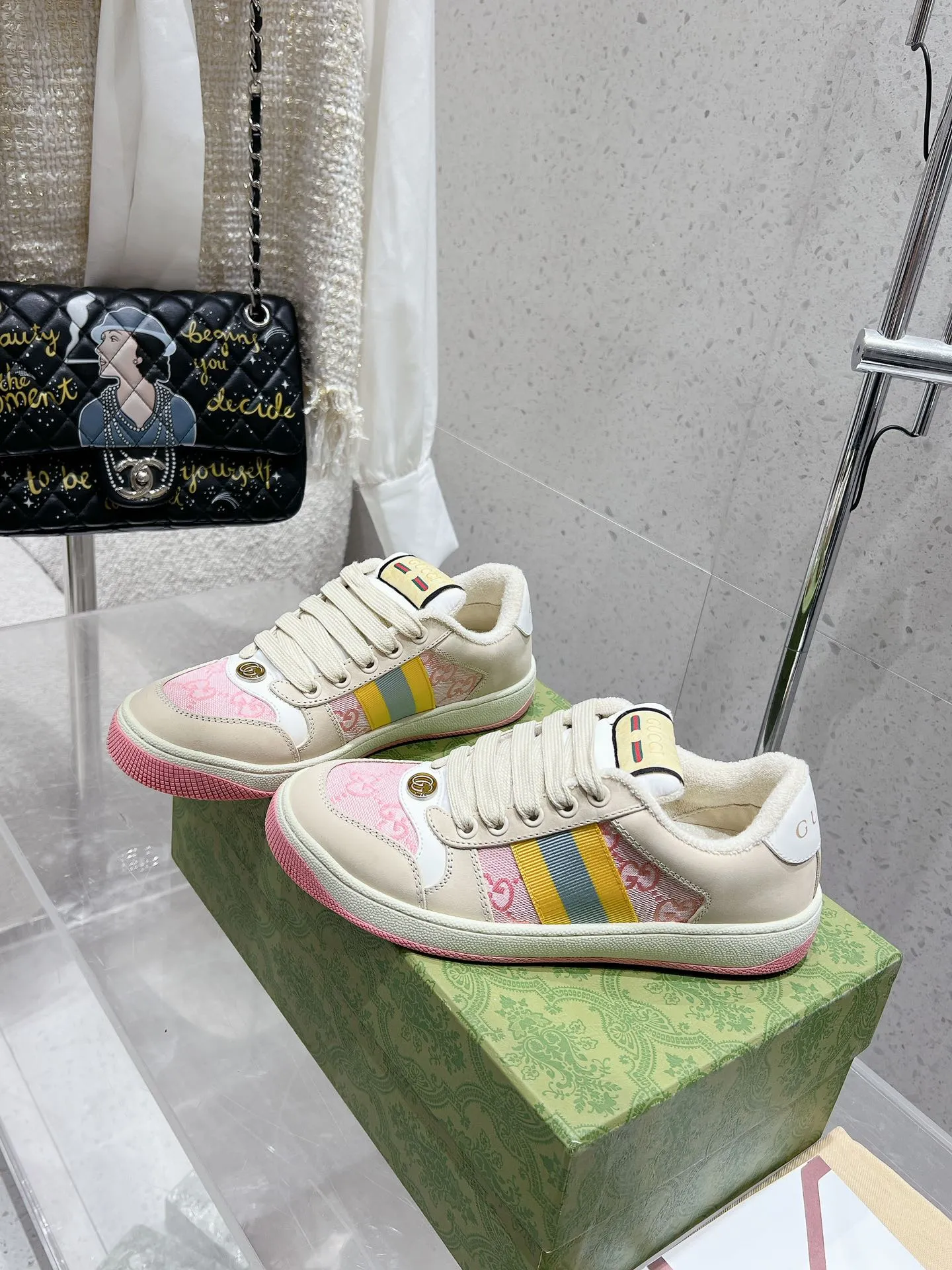 👟👟Ex-factory price 480👟👟 Women's shoes, women's clothing, long-term availability, Gucci Gucci, new Screener series, couple's style, chubby shoes, bread shoes, dirty shoes, chubby shoes, double G, casual sneakers, original purchase, development, original purchase, development, delivery counter exquisite packaging, fabric: original imported cowhide + double G fabric, lining: original customized breathable towel velvet lining Sole: original molded T👟👟factory price U outsole Size: women's 35-40 / men's 39-45 (women's 34 and men's 38 can be customized)